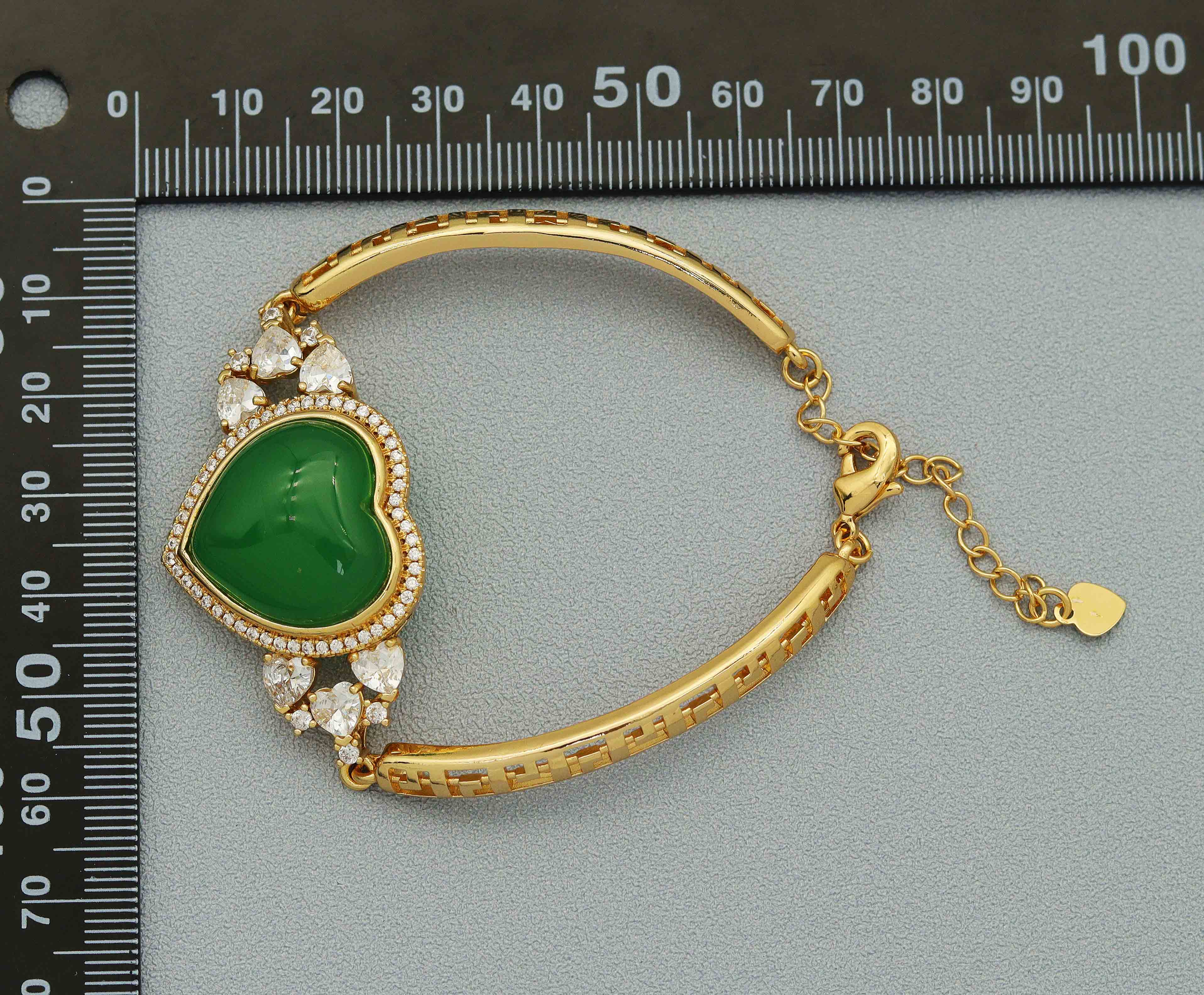 CZ Heart Green Jade Adjustable Bracelet, Sku#LX57