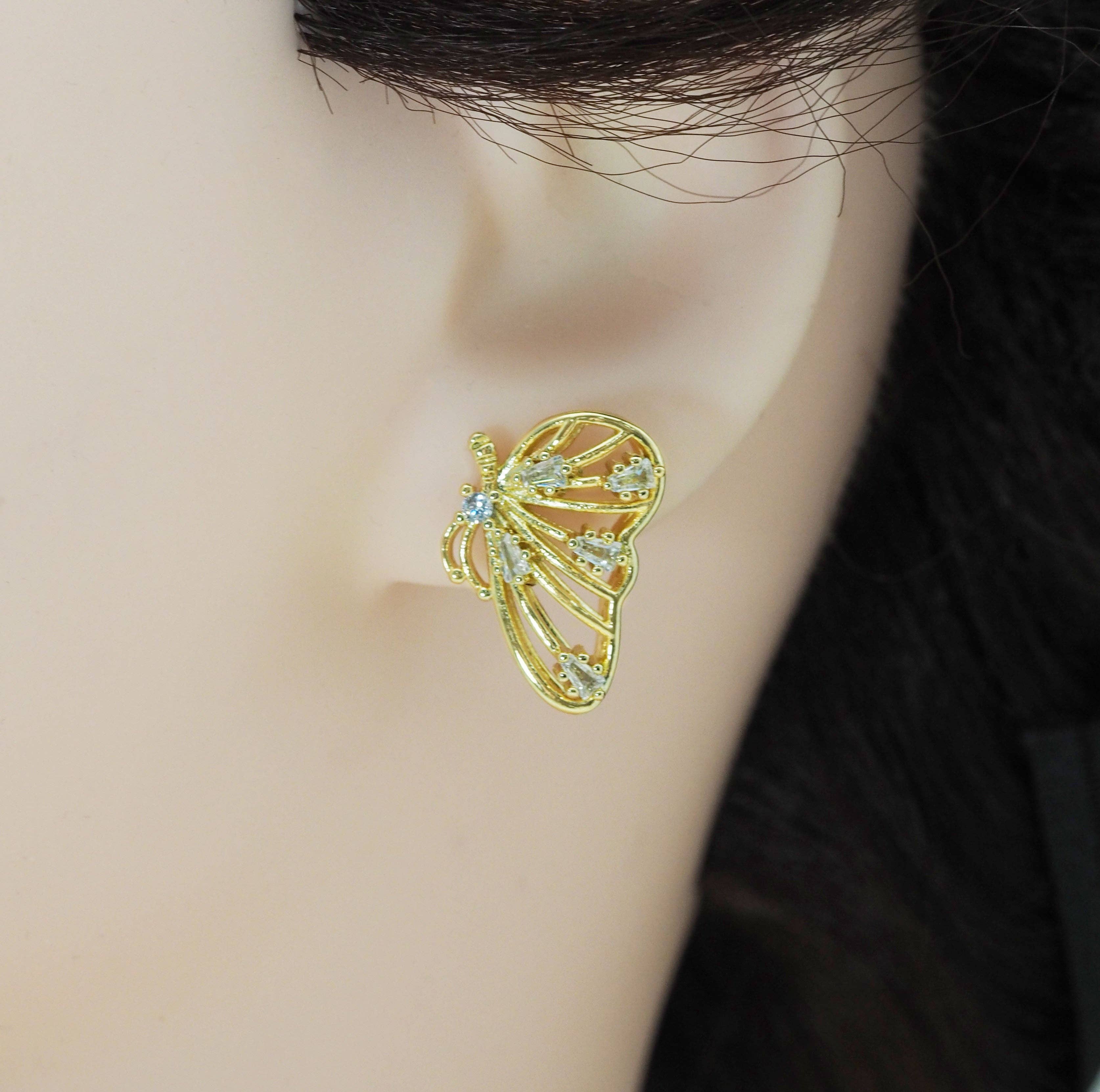 CZ Gold Butterfly Stud Earrings, Sku#LX162