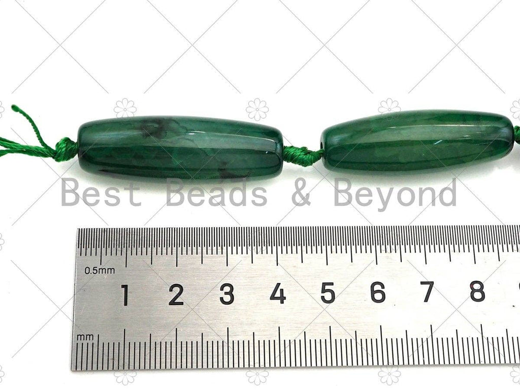 Natural Dark Green Agate Barrel Spacer Beads, Green Agate Spacer Beads, Tibetan Dzi Beads, 14x40mm, Sku#U1025