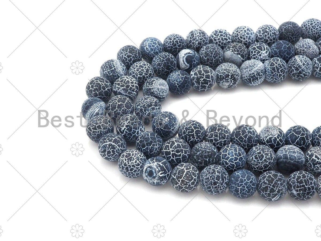 High Quality Natural Black Frosted Matte Fire Agate, Round 6mm/8mm/10mm/12mm Fire Agate, Black Cracked Agate, 15.5" Full Strand, sku#UA142