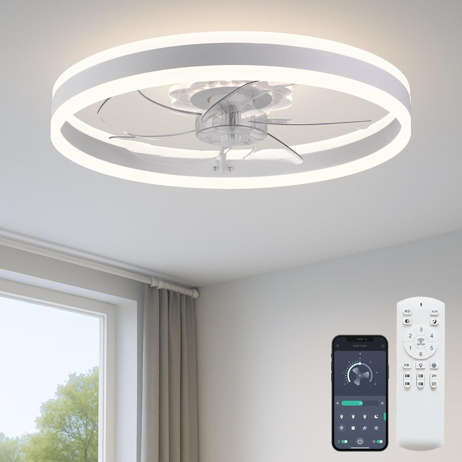 20‘’ Ceiling Fan with Light, Upgraded Low Profile Fan, Flush Mount Ceiling Fan, 6 Speeds, Dimmable LED, App & Remote Control, Quiet DC Motor, for Bedroom, Living Room, F115 White