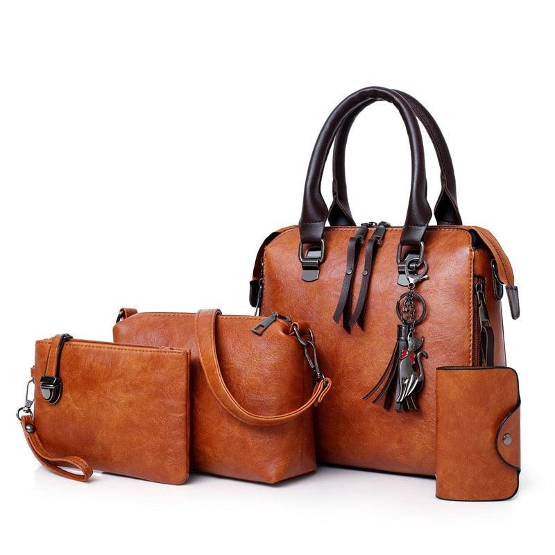 Ensemble de sacs messager 4 pièces en cuir vintage | Ensemble de sacs fourre-tout, pochette et portefeuille de luxe en cuir