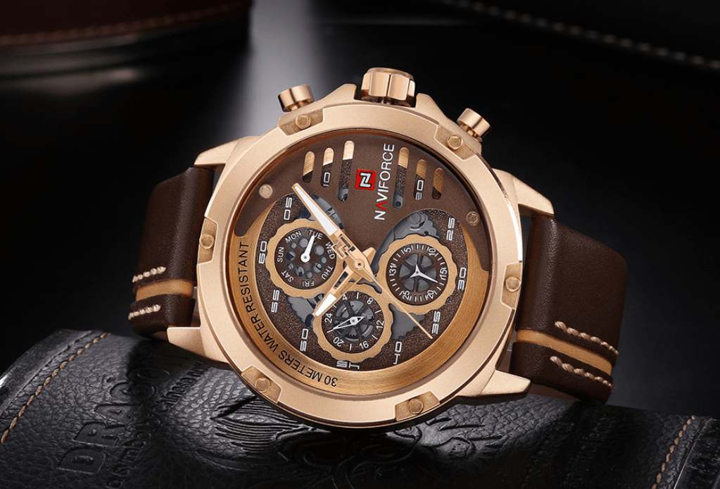 Montre de Sport Étanche Homme avec Chronomètres et Bracelet en Cuir Montre-Bracelet Multifonction Design Unique Cadeau Parfait