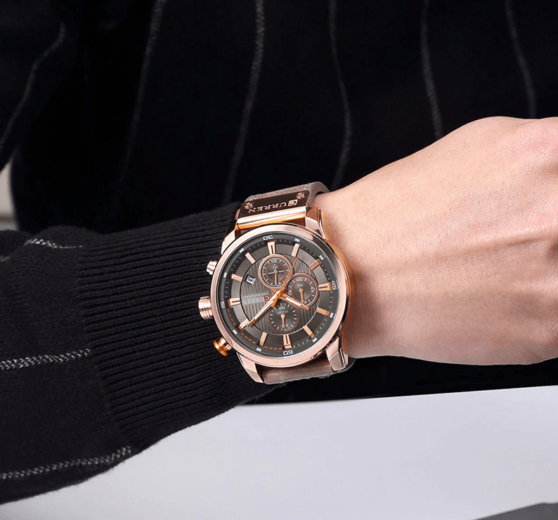 Montre de sport élégante et étanche pour homme avec chronomètres, affichage de la date, bracelets en cuir et verre Hardlex résistant aux rayures. Cadeau idéal pour lui.