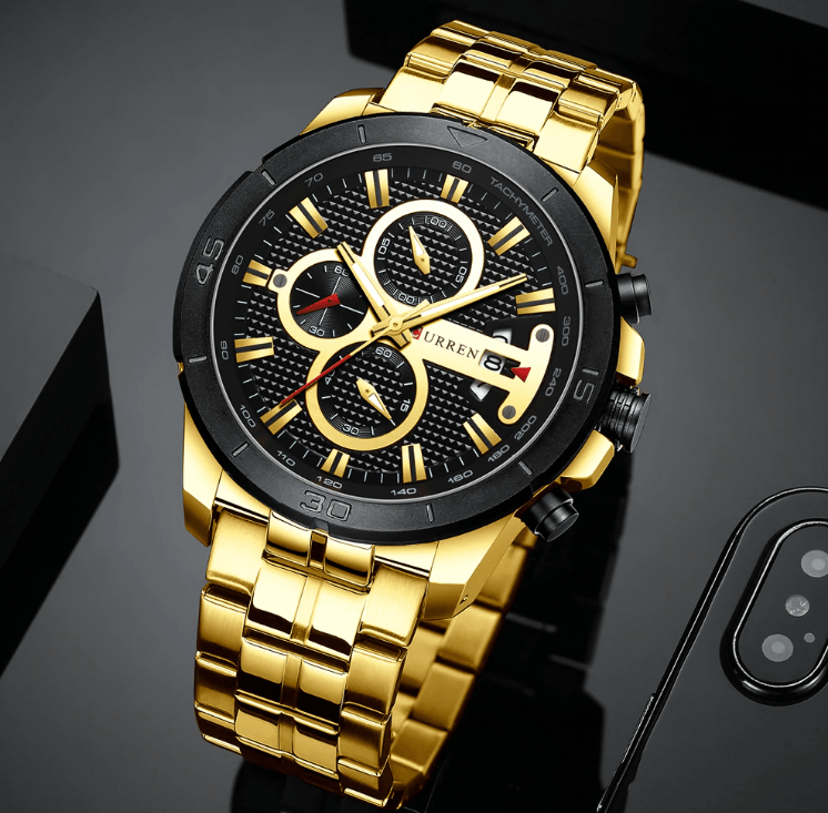 Montre étanche pour homme avec chronomètres, affichage du jour et aiguilles fluorescentes. Design de luxe unique. Cadeau parfait.
