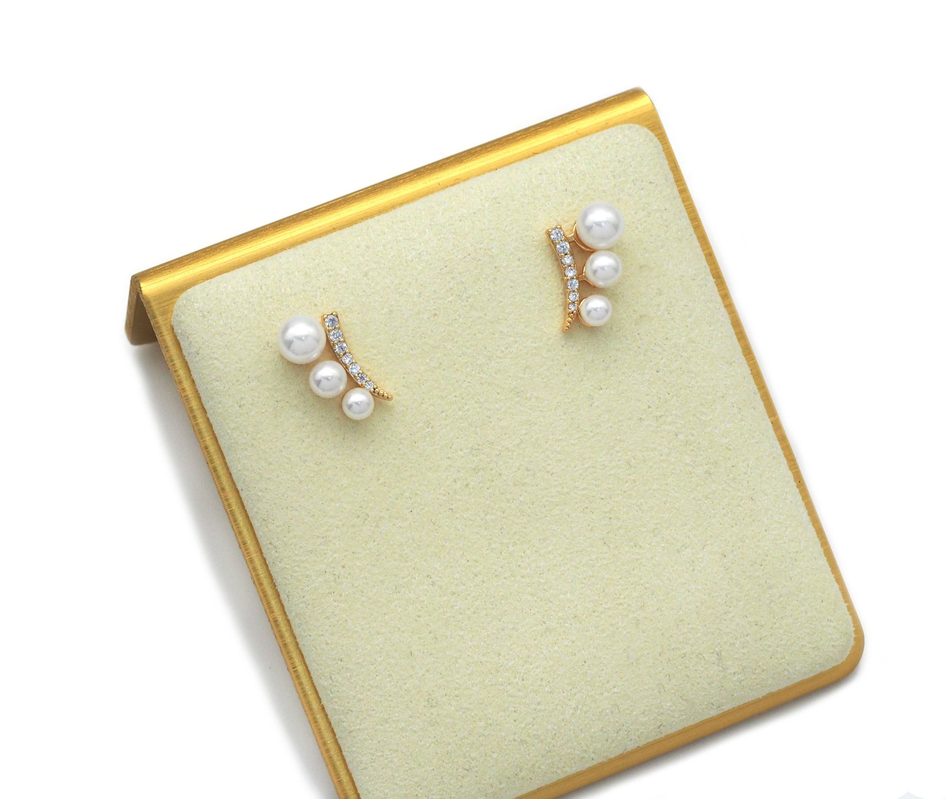 Gold CZ Pearl Stud Earrings, Triple Pearl Earrings, Sku#ZX106