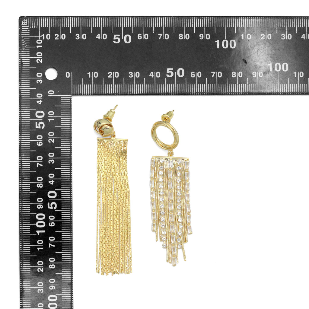 Clear CZ Gold Silver Tassels Statement Earrings, Sku#O130