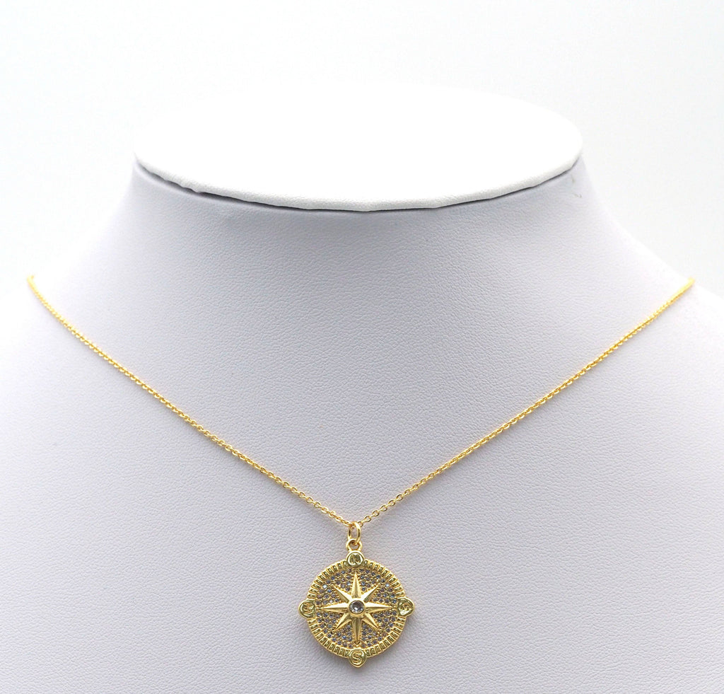 Gold CZ Pave North Star Medallion Coin Charm, Sku#LX116