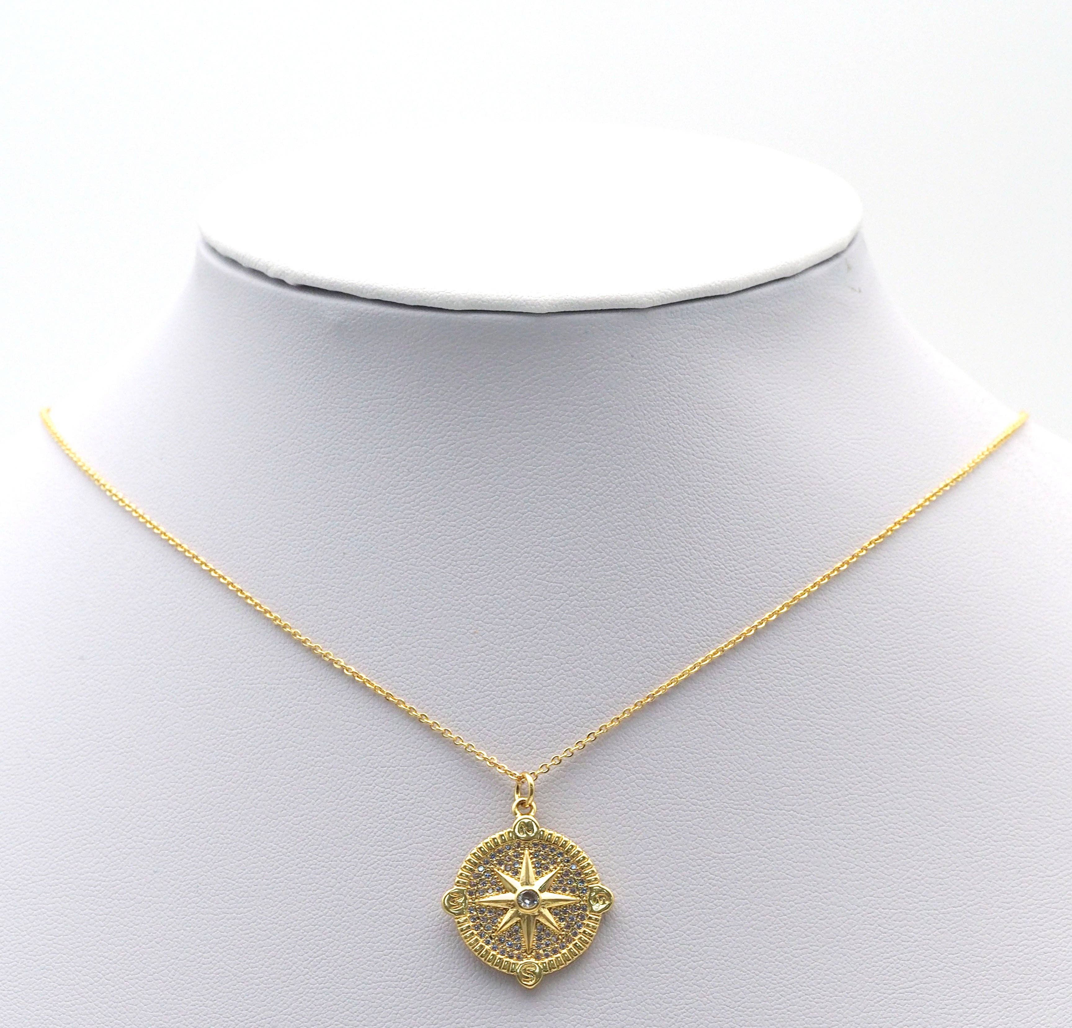 Gold CZ Pave North Star Medallion Coin Charm, Sku#LX116