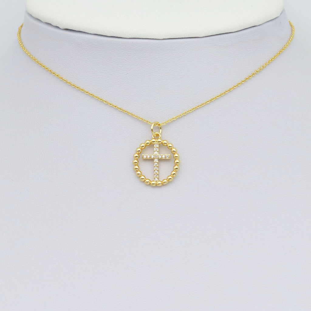 Clear CZ Gold Cross On Twisted Circle Pendant, Sku#Y1022