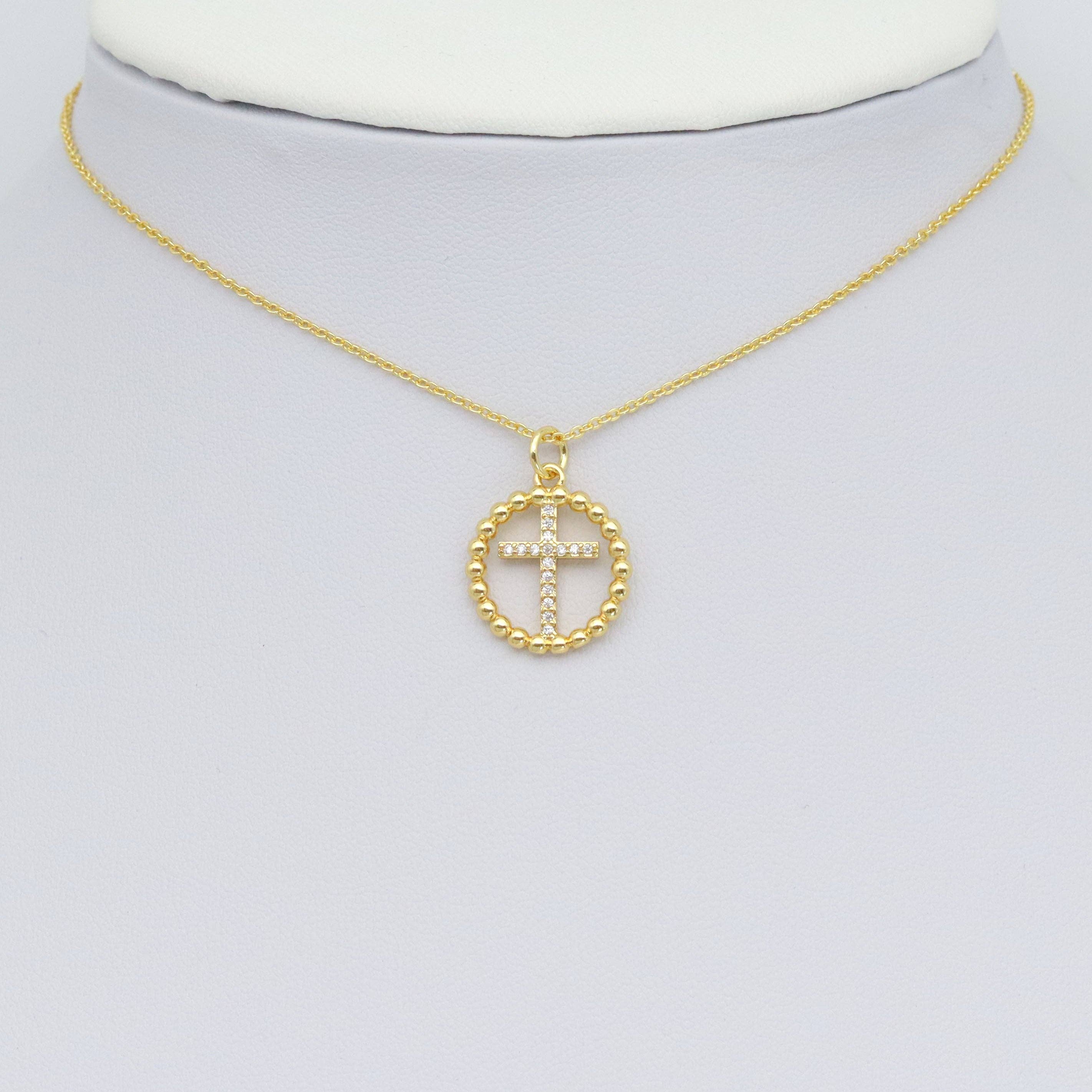 Clear CZ Gold Cross On Twisted Circle Pendant, Sku#Y1022