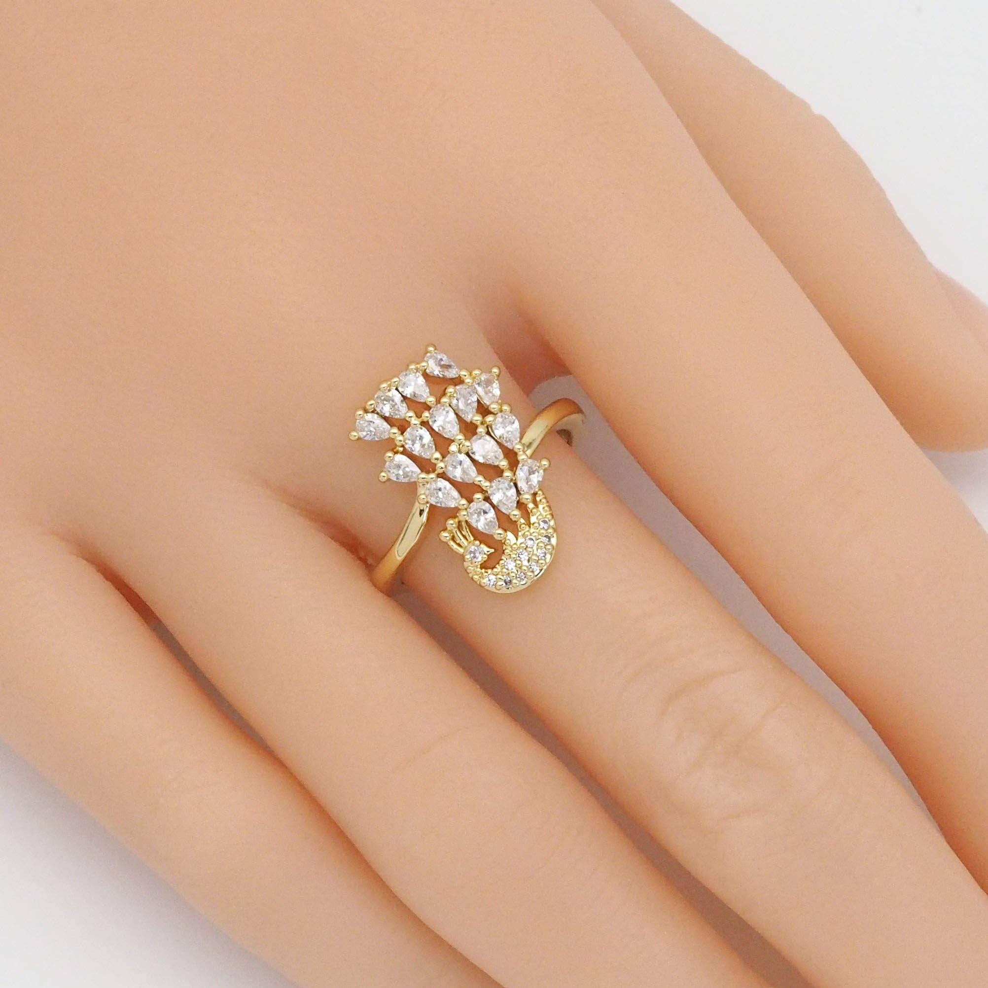 Gold CLear CZ Peacock Adjustable Ring, Sku#LD439