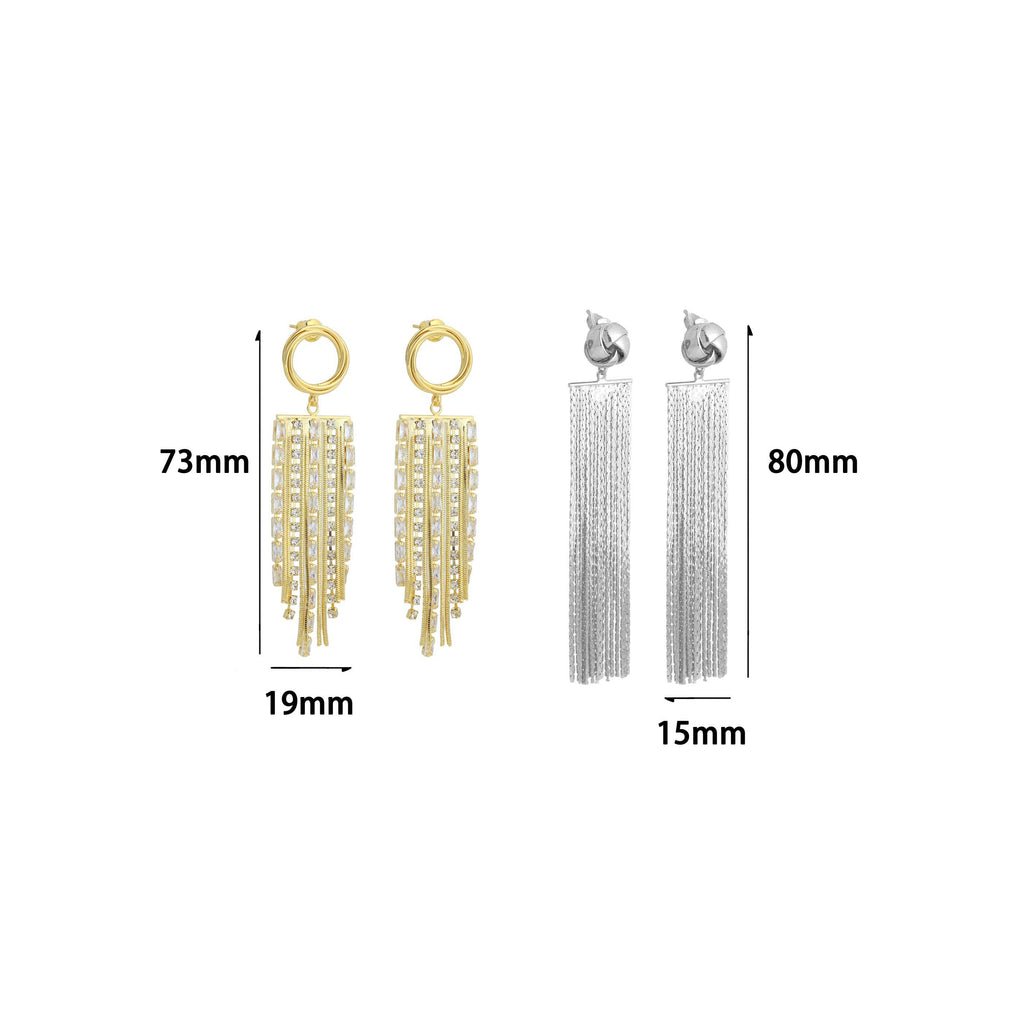 Clear CZ Gold Silver Tassels Statement Earrings, Sku#O130