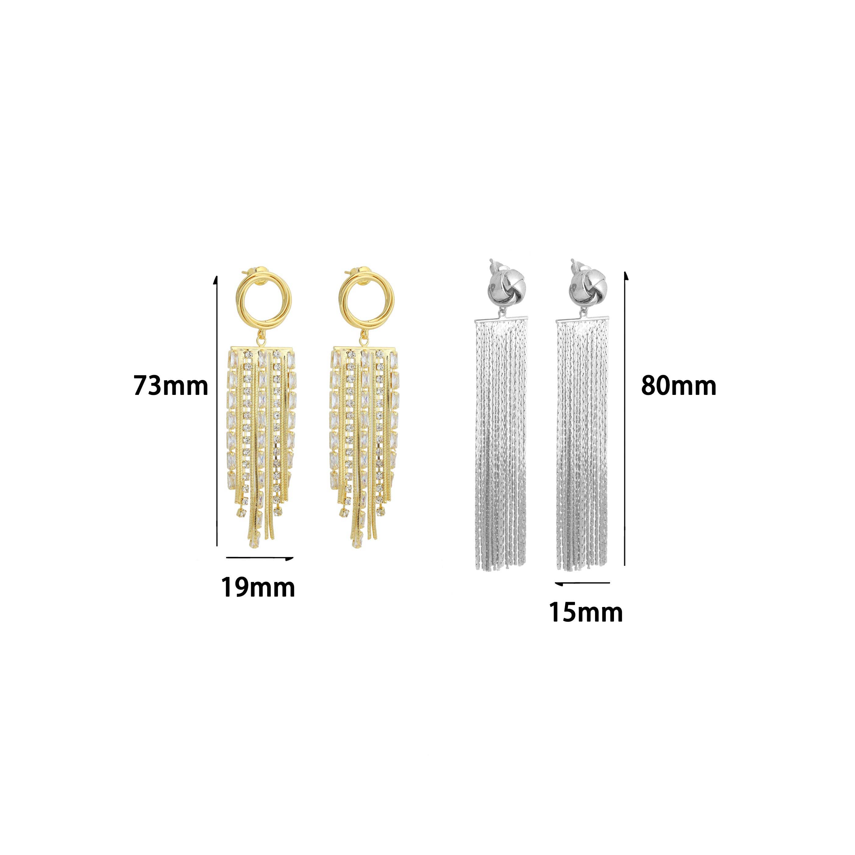 Clear CZ Gold Silver Tassels Statement Earrings, Sku#O130