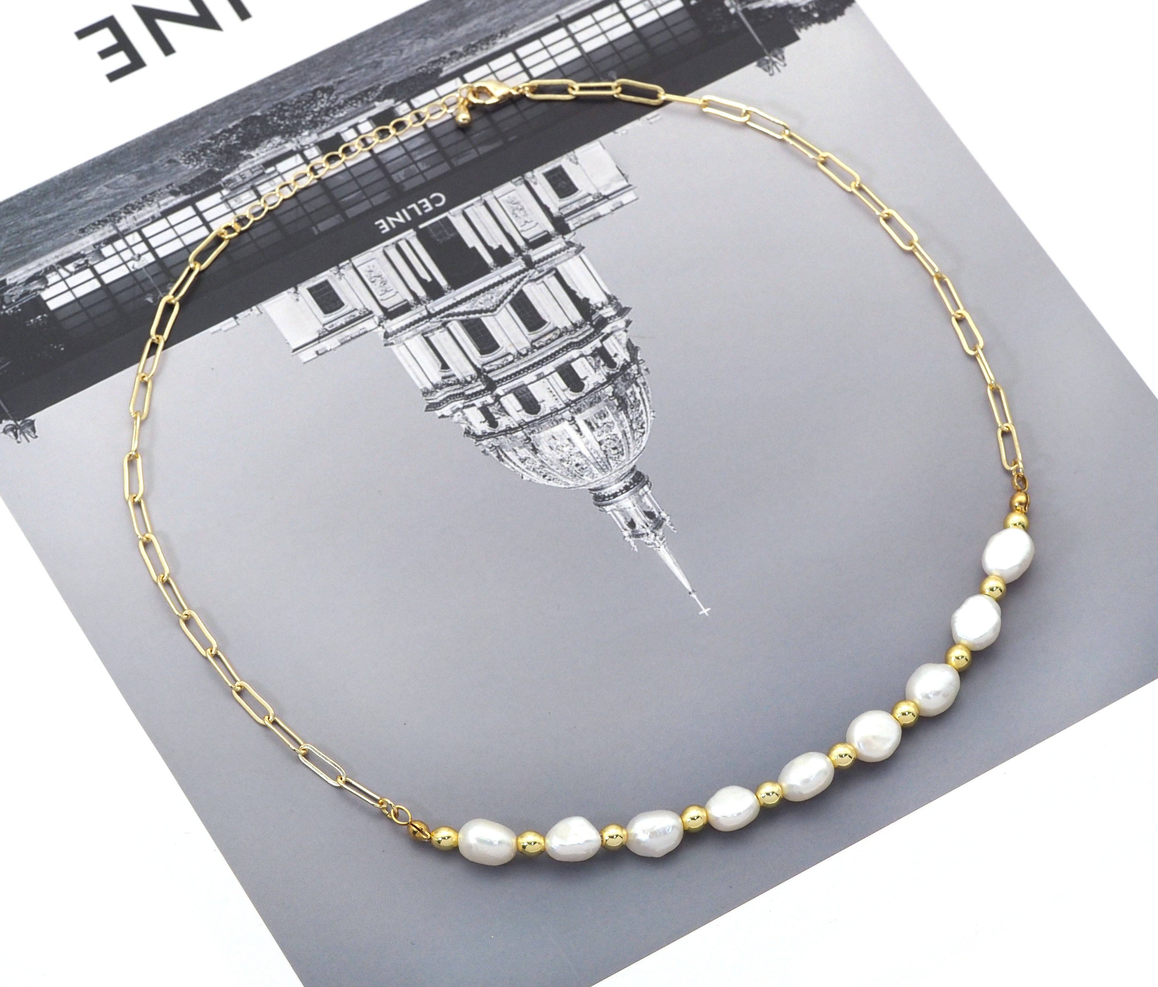 Paperlip Link Chain Pearl Necklace, sku#EF269