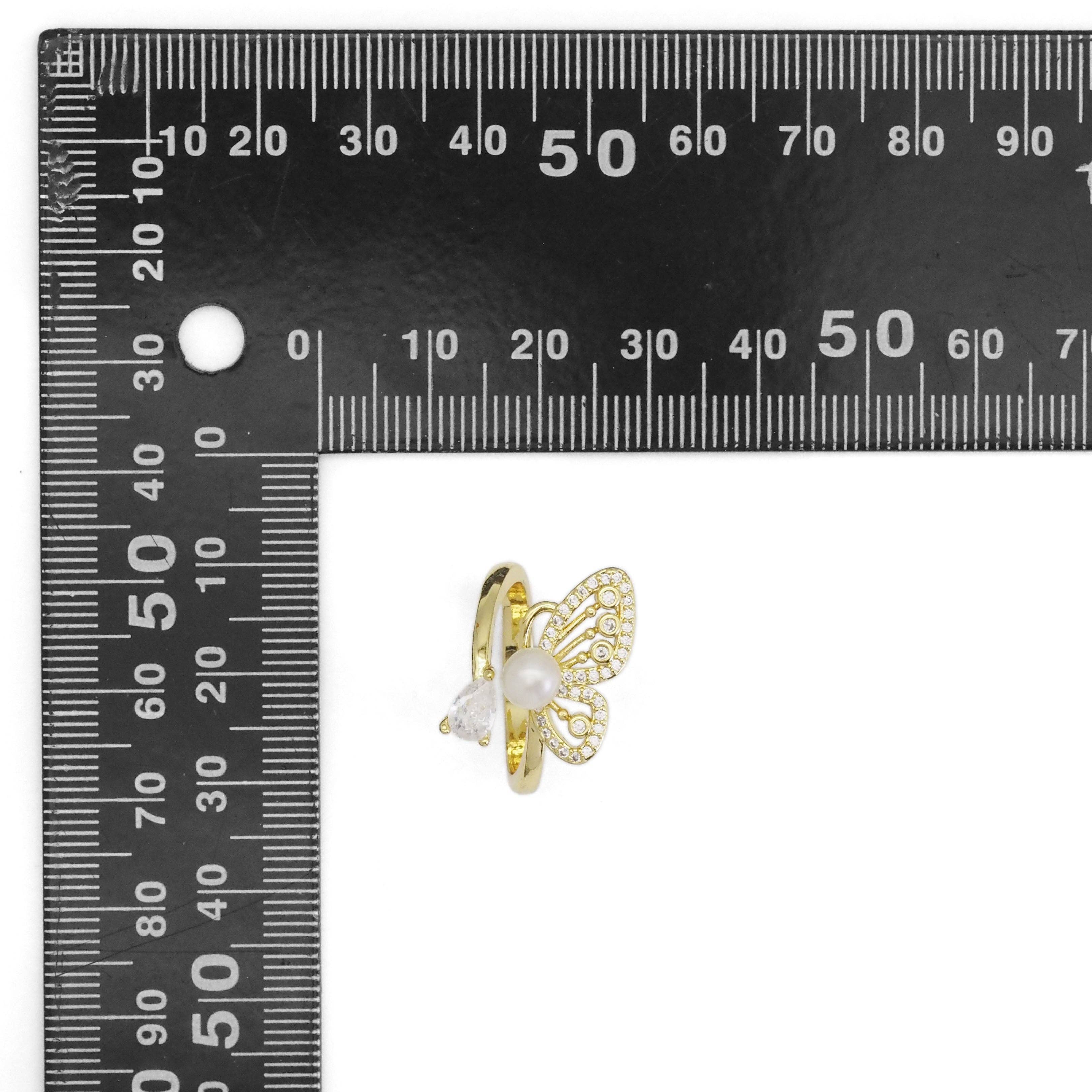 Gold CZ White Pearl Butterfly Drop Shape Adjustable Ring, Sku#LD497