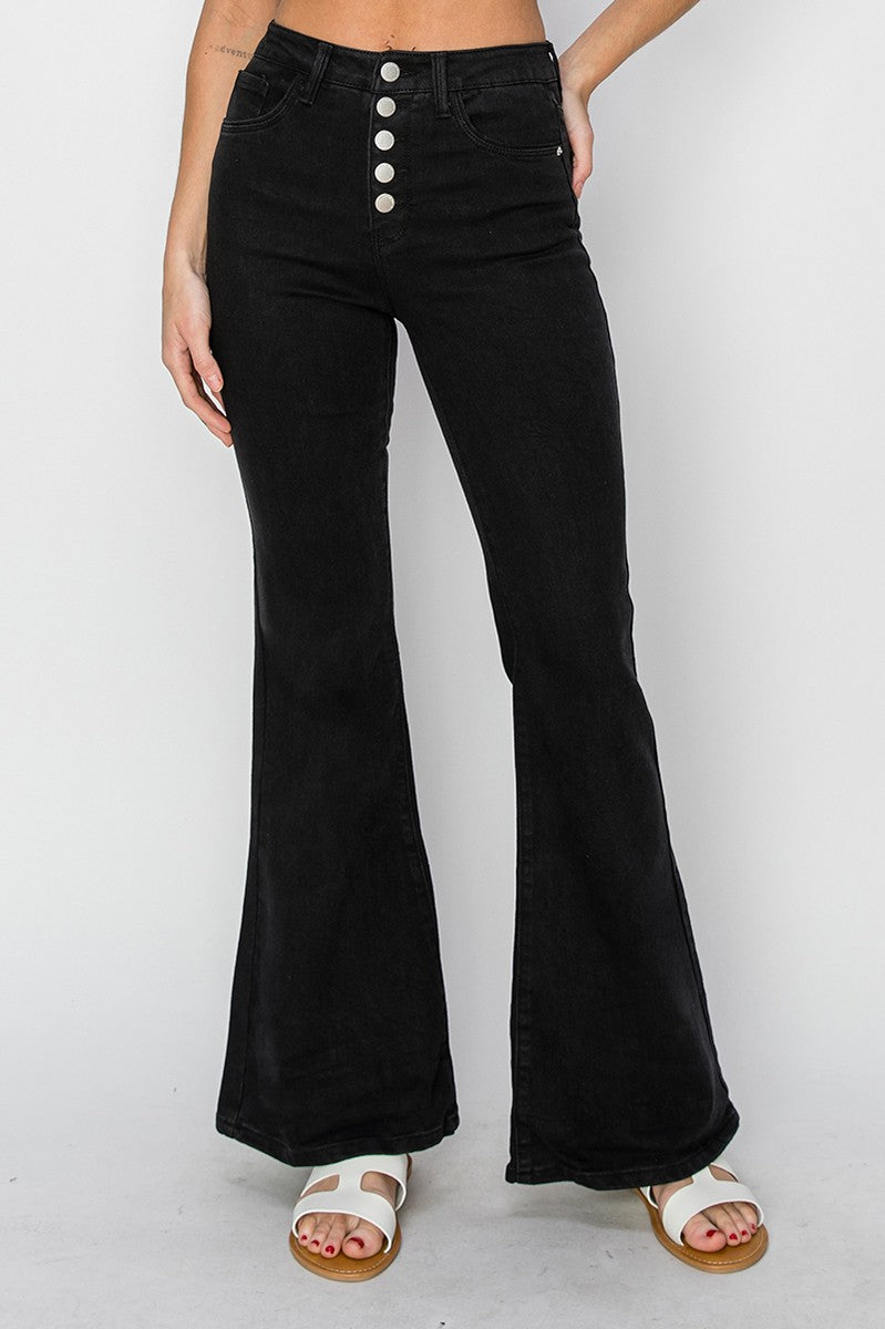 Jean flare taille haute à boutons