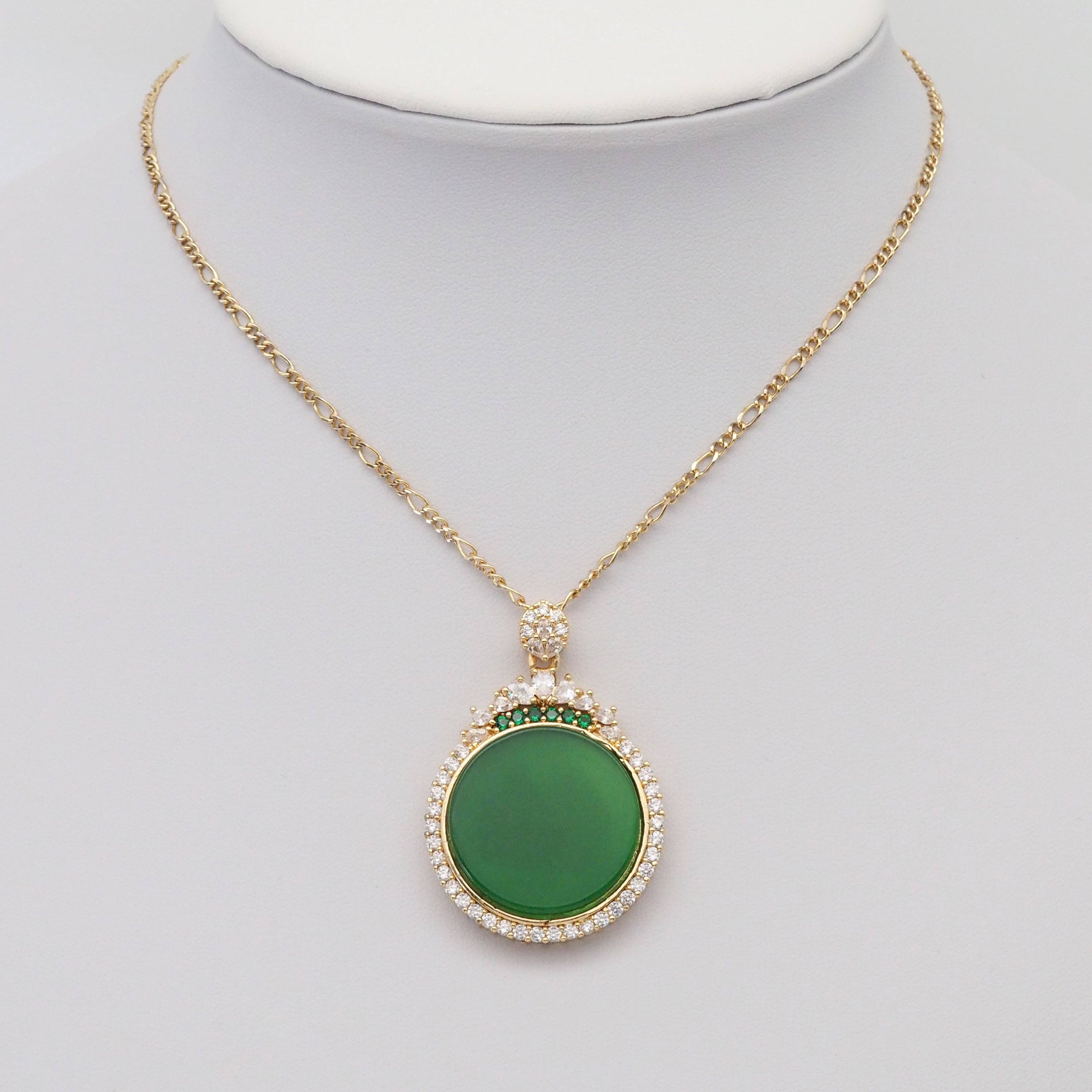 CZ Round Green Jade Pendant, Sku#LX346