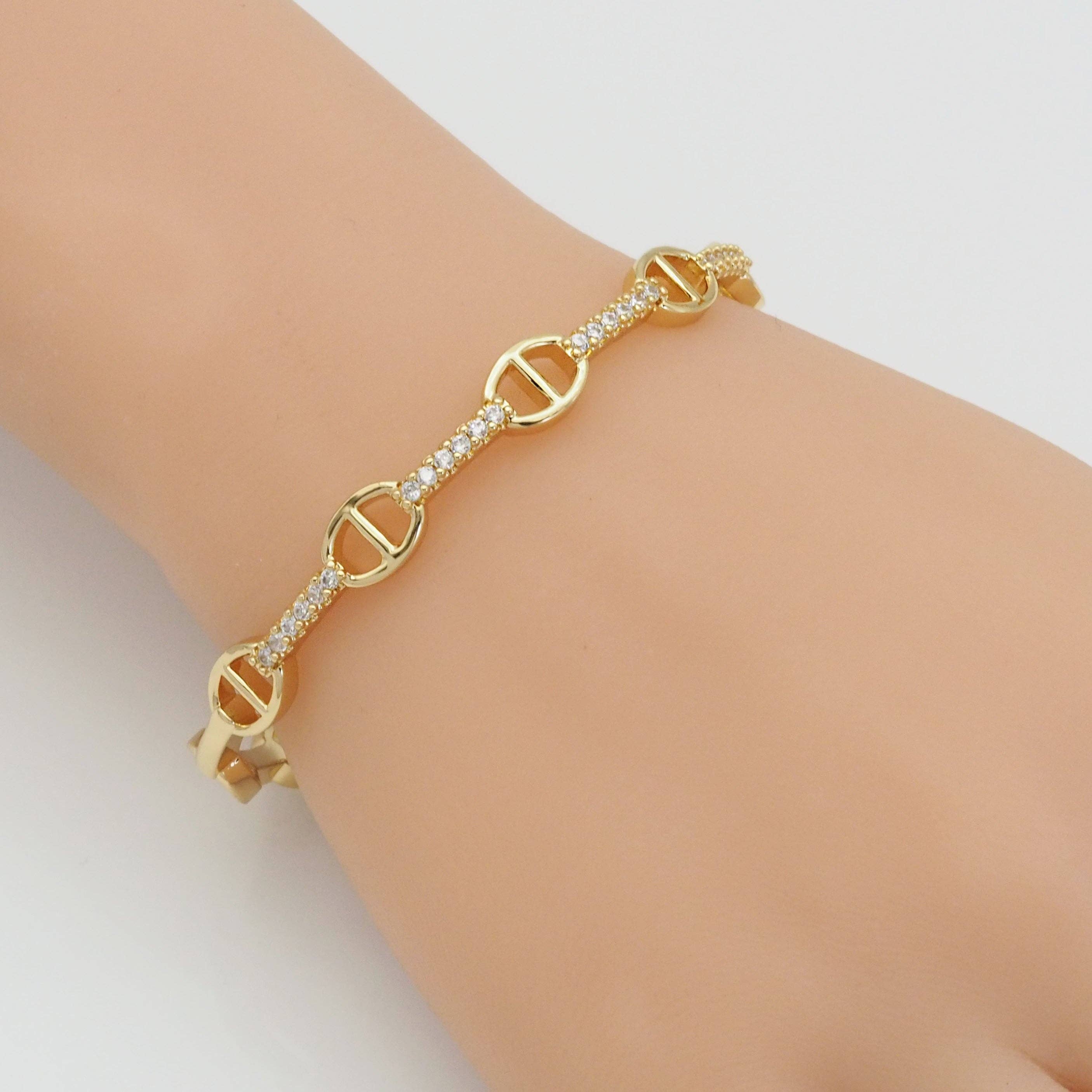 CZ Gold Oval Link Adjustable Bracelet, Sku#LX244