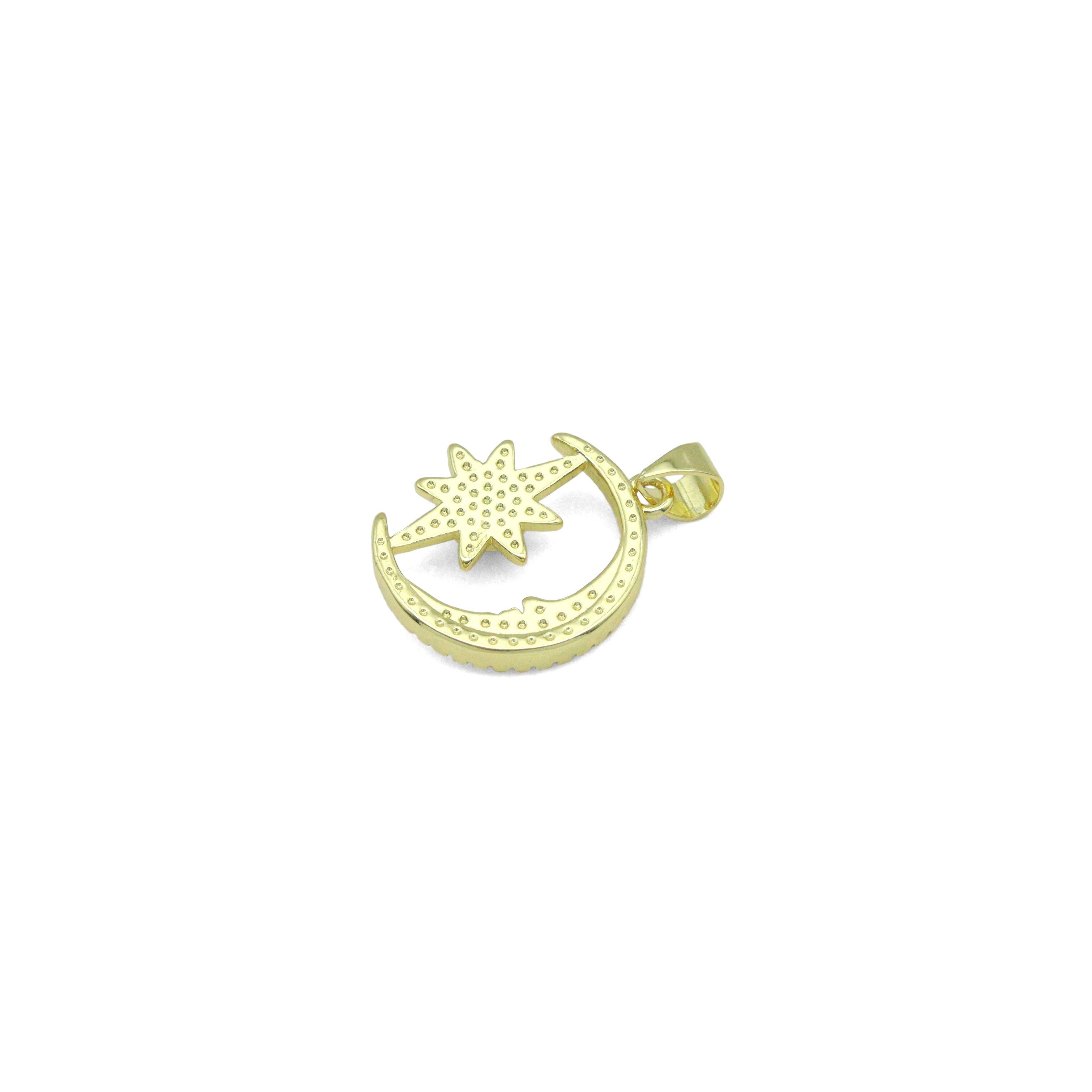Green CZ Gold Cresent Moon North Star Charm Pendant, Sku#LK1085