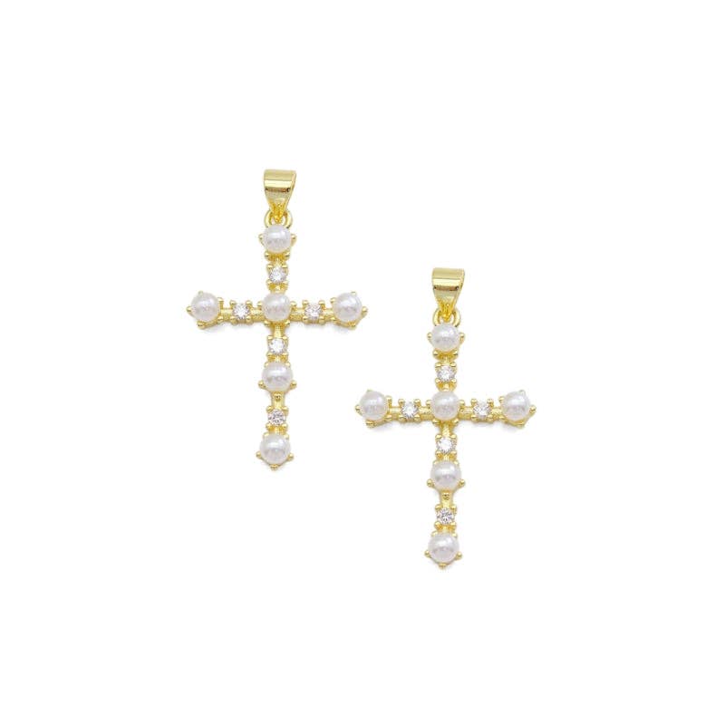 CZ Gold White Pearl Cross Charm, Sku#Z1478