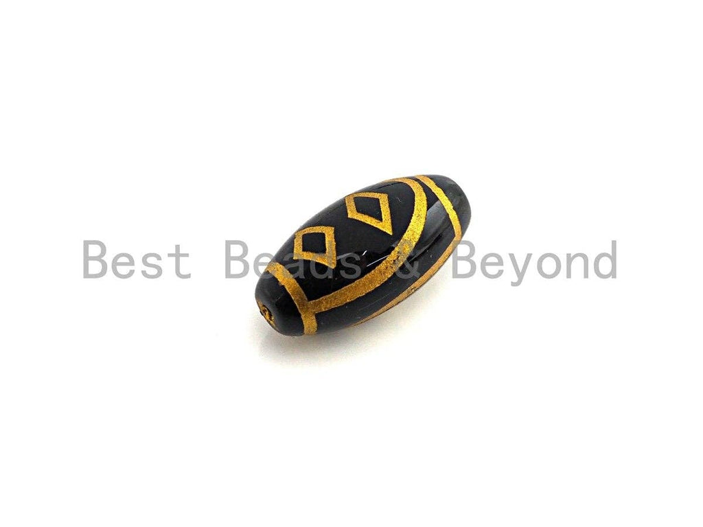 Natural Tibetan Agate Oval Shape Beads, Black Gold Dzi beads, Barrel Agate Beads, 10x20mm, sku#U593