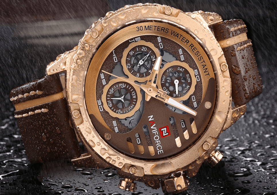 Montre de Sport Étanche Homme avec Chronomètres et Bracelet en Cuir Montre-Bracelet Multifonction Design Unique Cadeau Parfait