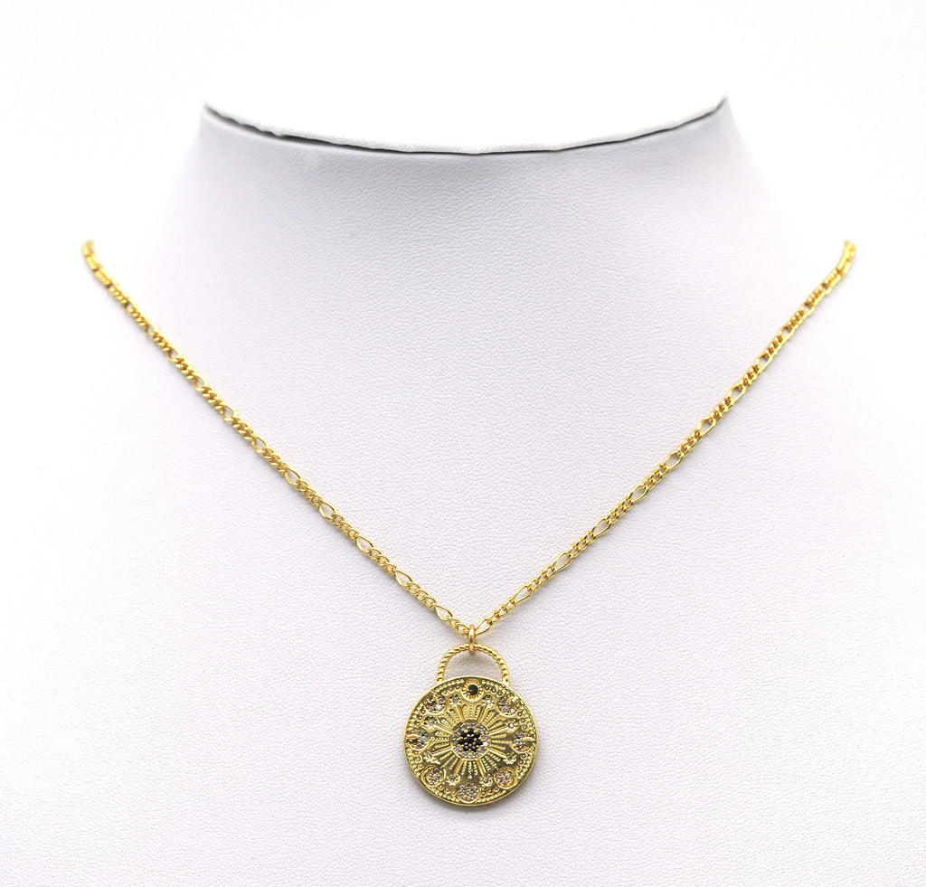 CZ Evil Eye Star Moon on Round Coin Charm, Sku#Y698