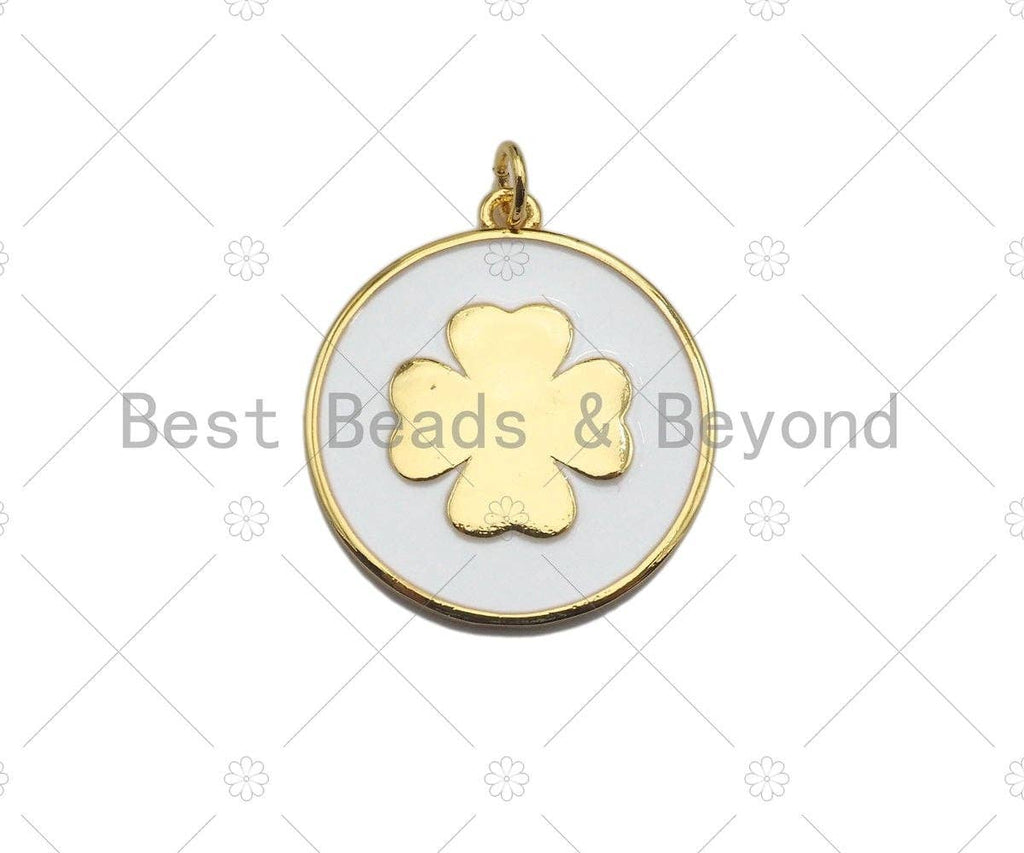 White Enamel Clover On Round Coin Pendant, Gold/Silver Enamel Pendant, Enamel Jewelry, 24x27mm, Sku#Z1215