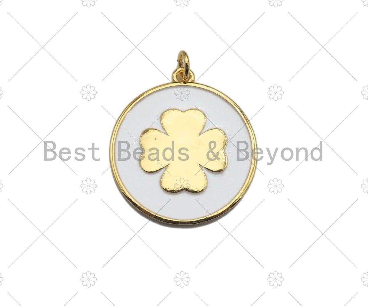 White Enamel Clover On Round Coin Pendant, Gold/Silver Enamel Pendant, Enamel Jewelry, 24x27mm, Sku#Z1215