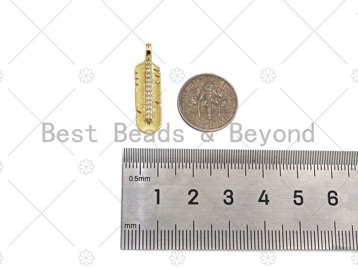 CZ Micro Pave Feather Shape Pendant/Charm,Cubic Zirconia Medallion Charm, Necklace Bracelet Charm Pendant,7x27mm, Sku#LK239