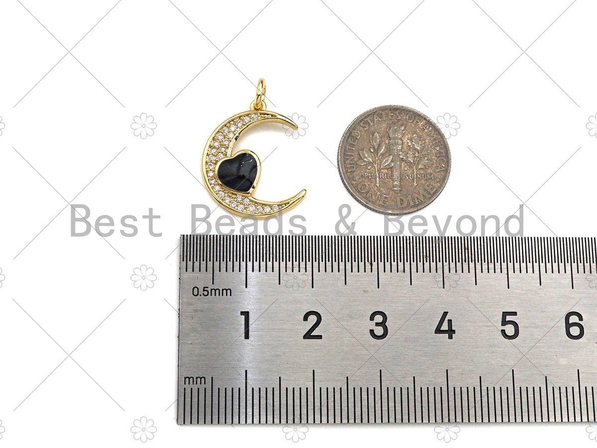 CZ Micro Pave Enamel Heart With Cresent Moon Pendant/Charm, White Pink Black Enamel Charm, Necklace Bracelet Charm Pendant,15x20mm, Sku#L479C