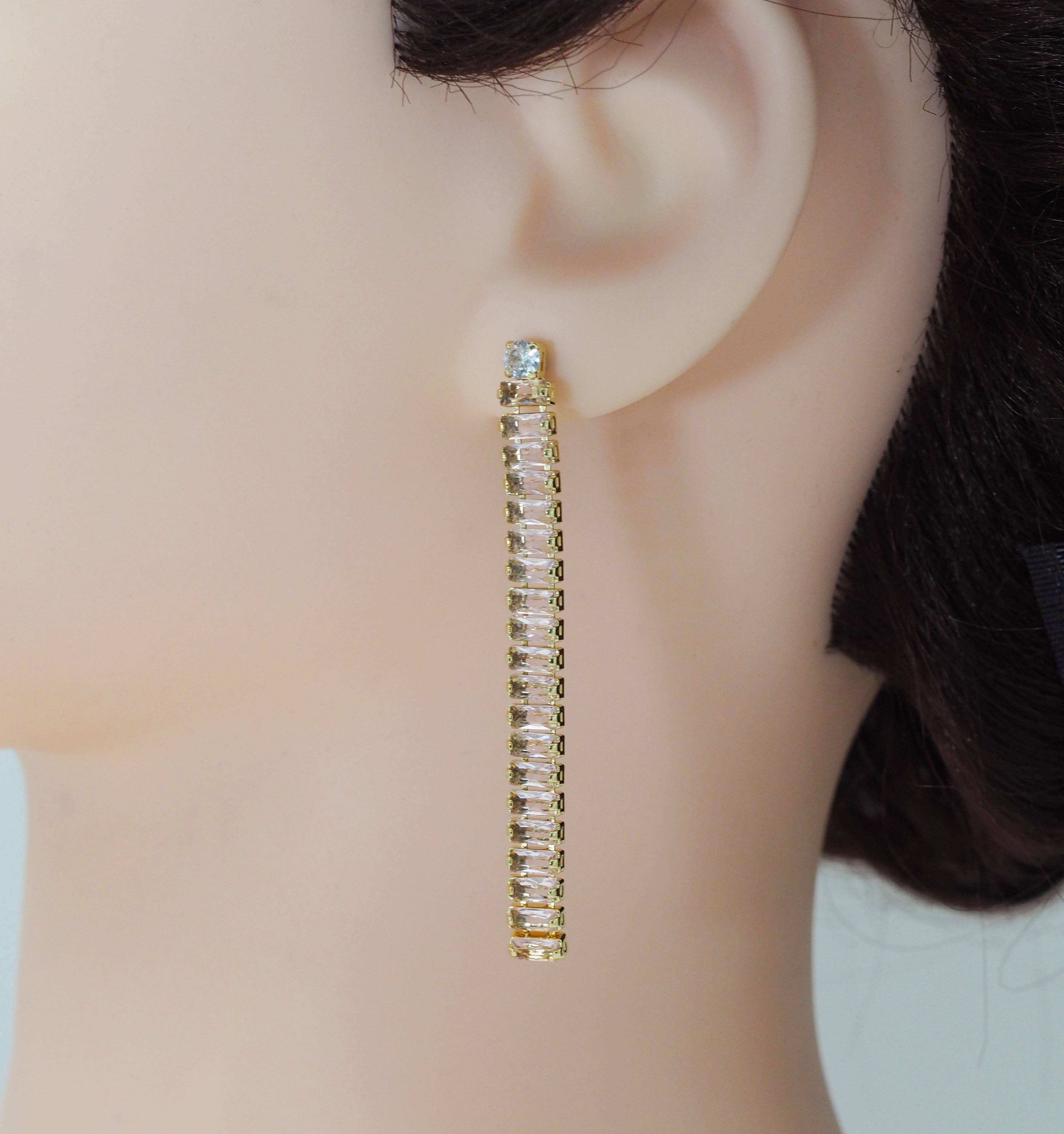 Baguette CZ Chain Stud Earrings, Sku#JL171