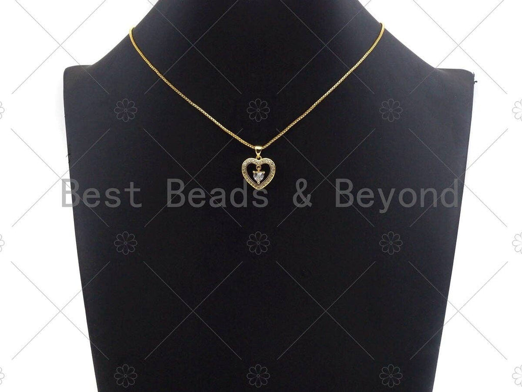18K Gold Heart with Dangle Diamond Pendant, Heart Charm, Gold Heart Pave Pendant, Gold plated, 16mm, Sku#LK59