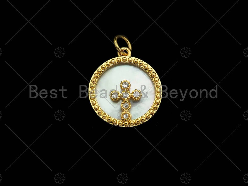 18K Gold CZ Micro Pave Cross on Mother-of-pearl Pendant ,SKU#Z1119