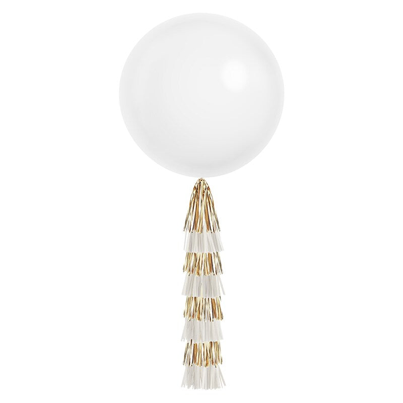 Jumbo Confetti Balloon & Tassel Tail - White & Gold