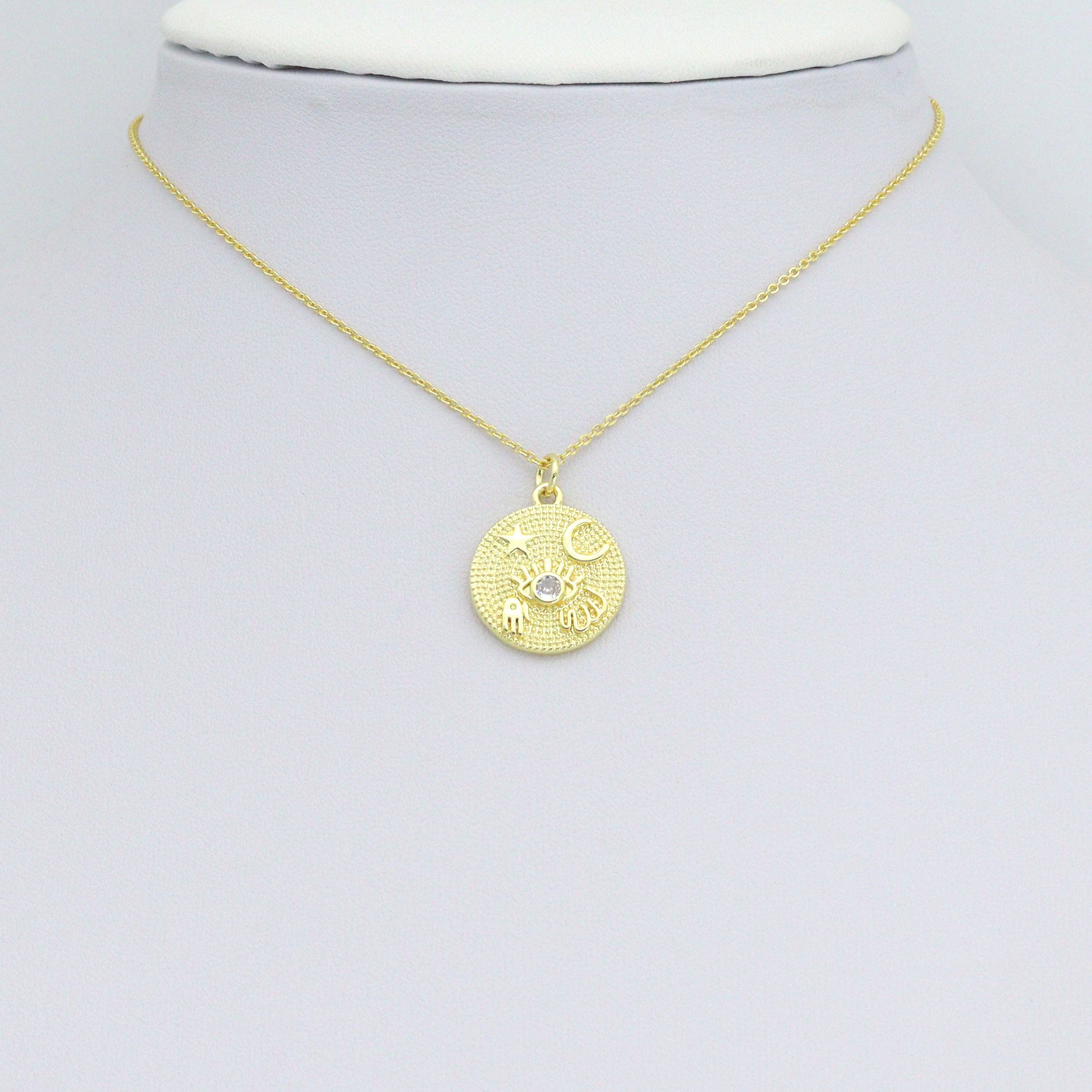 Gold Evil Eye star moon hamsa hand On Round Coin Charm Pendant,Sku#LX867