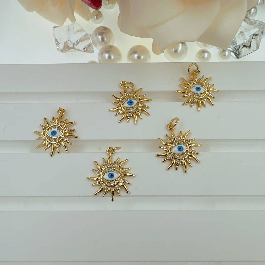 Gold CZ Evil Eye On Sun Shape Charm, Sku#Y926