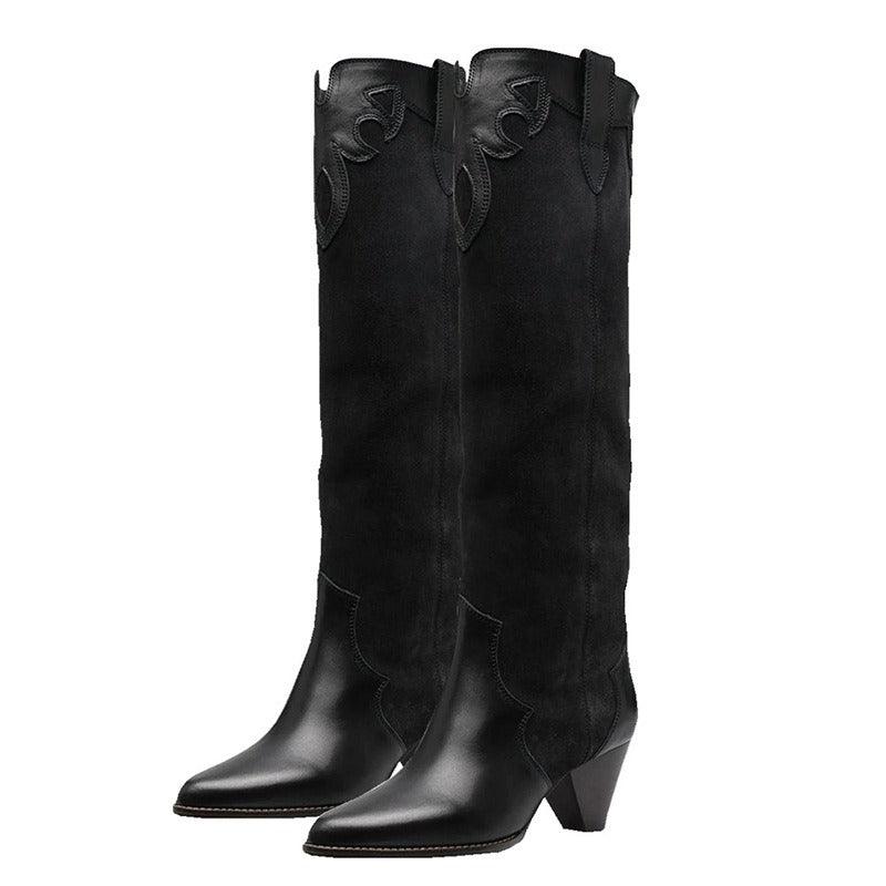 Bottes de cow-girl montantes style rétro | Bottes de cow-girl de luxe en daim brodé à talon haut
