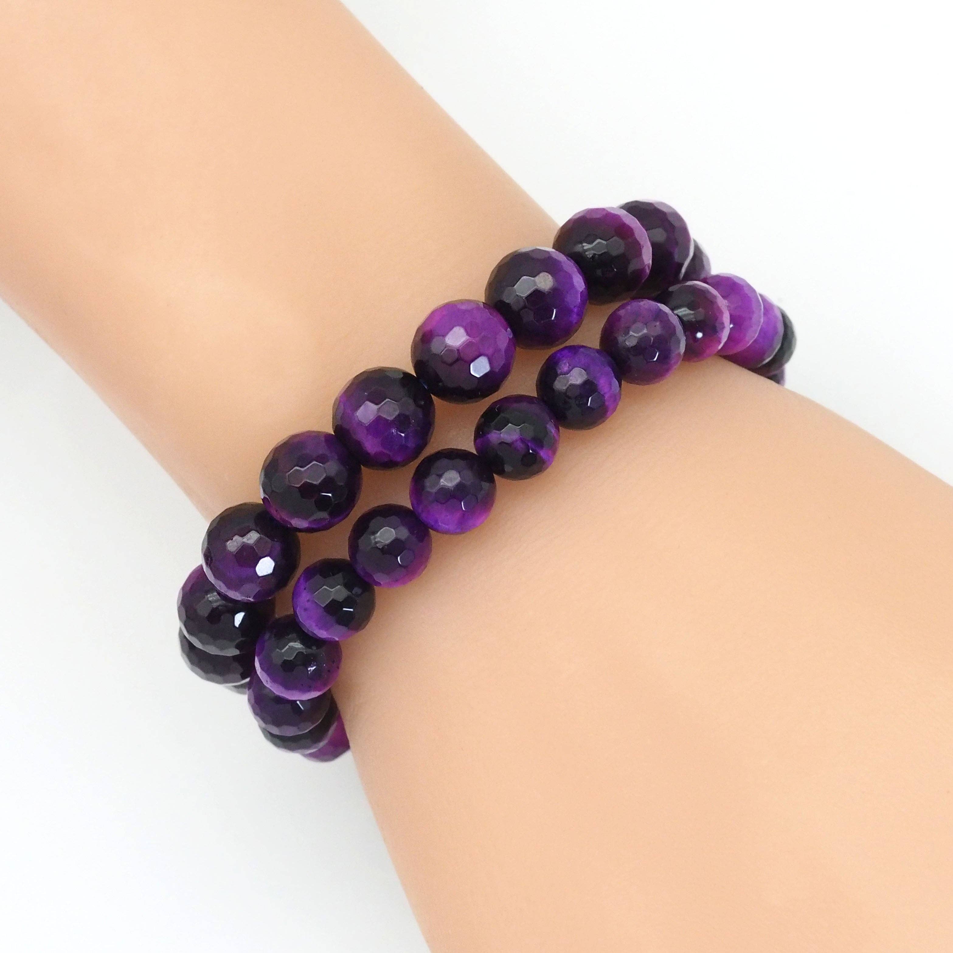 Purple Tiger Eye Round Faceted Stretchy Bracelet, Sku#EF391