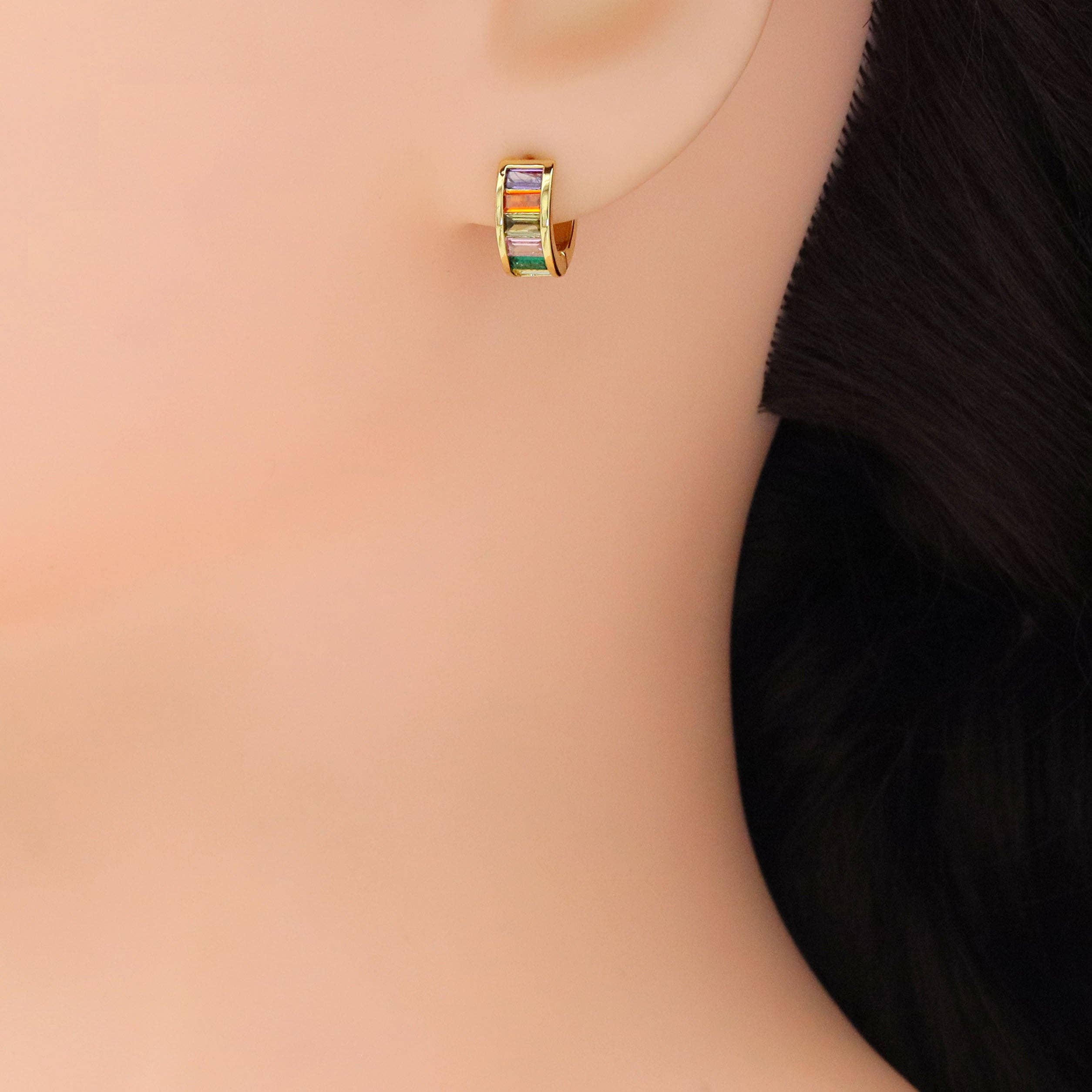 Cute Colorful Baguette CZ Small Hoop Earrings, Sku#LX451c