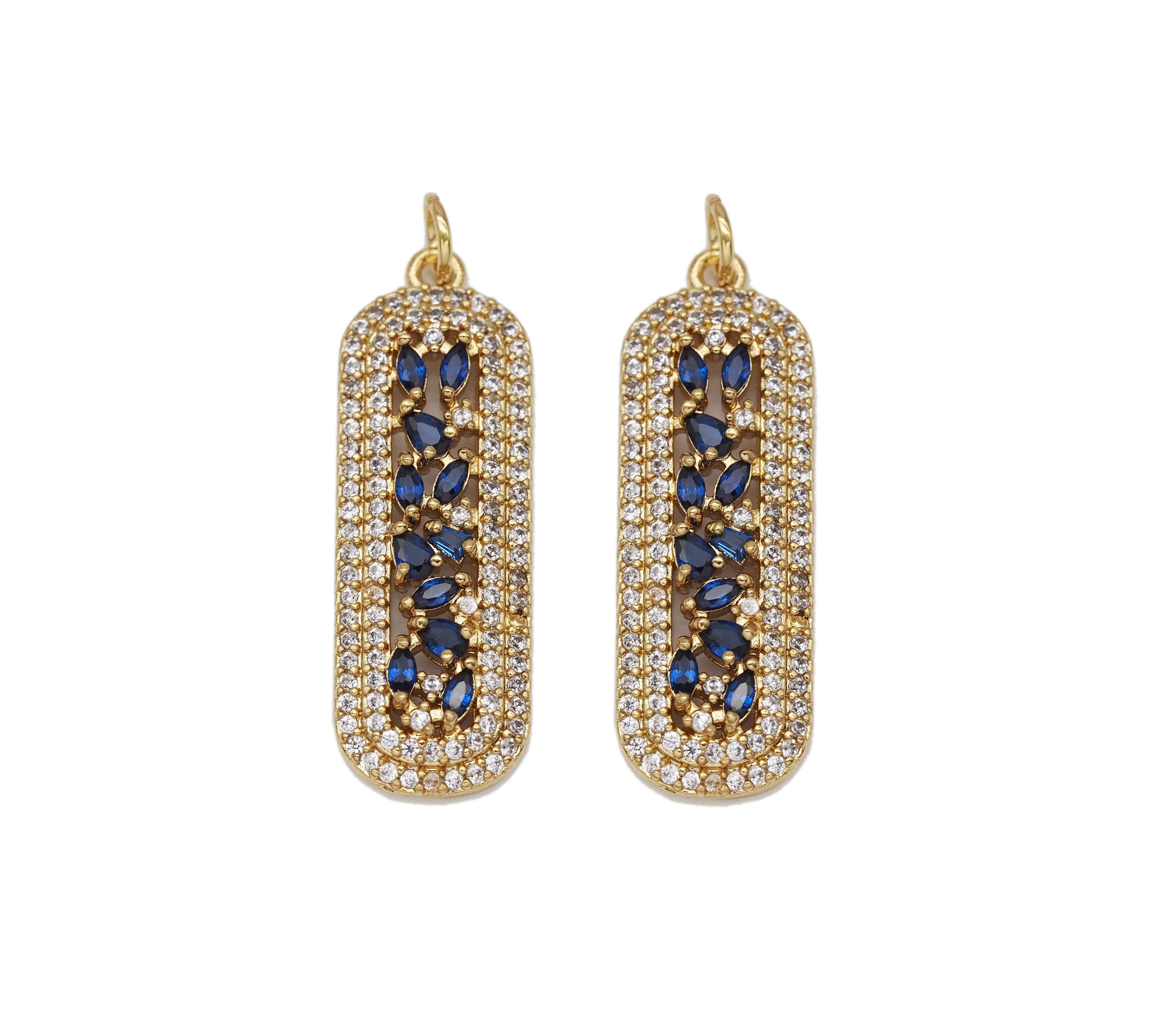 Gold Cobalt CZ Long Oval Bar Charm, Sku#LK699