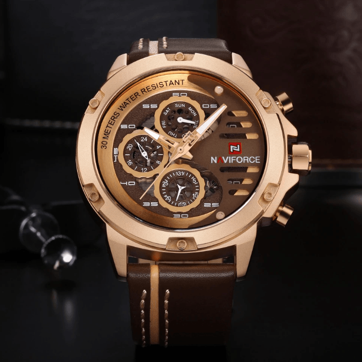 Montre de Sport Étanche Homme avec Chronomètres et Bracelet en Cuir Montre-Bracelet Multifonction Design Unique Cadeau Parfait