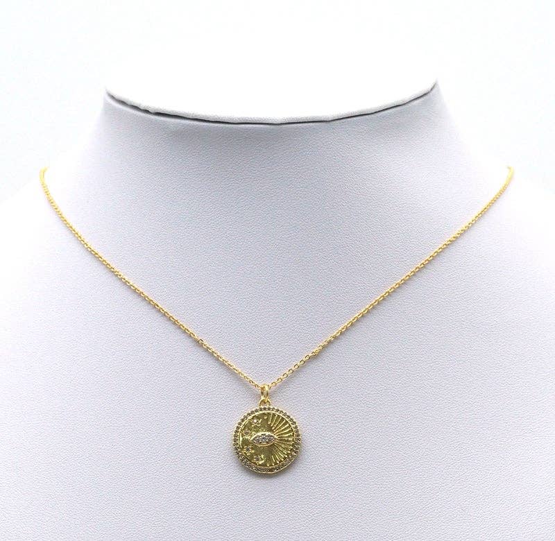 CZ Evil Eye Stars Round Gold Coin Charm, Sku#LX90