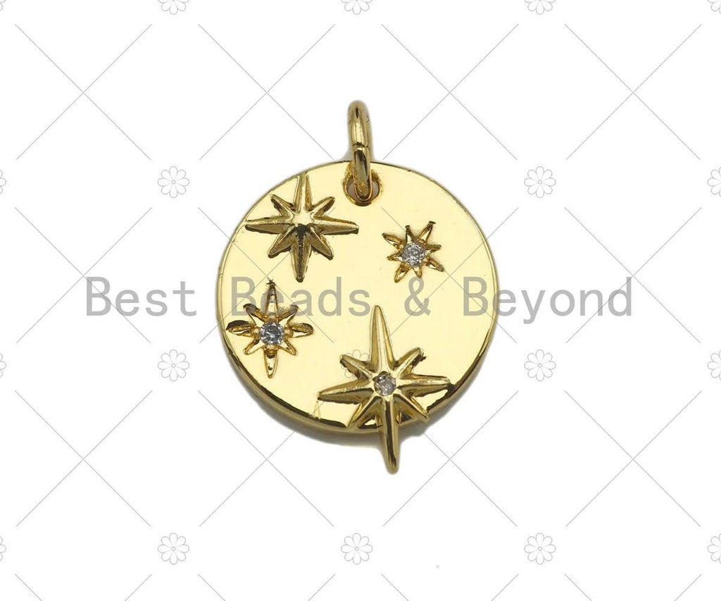 CZ Micro Pave North Star On Round Coin Pendant, Cubic Zirconia Round Pendant Charm for Necklace Bracelet Earrings Making, 14x16mm,sku#L362