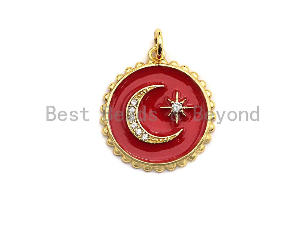 Enamel Moon Star Round disc Charm Pendant, Black/Red/White Enamel charm, Enamel round disc charm, 21x23mm,sku#Z408