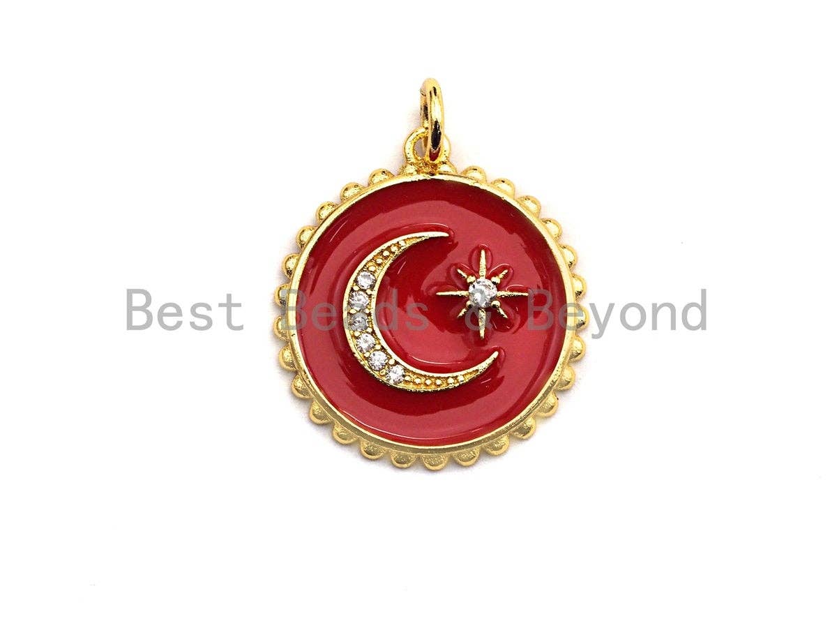 Enamel Moon Star Round disc Charm Pendant, Black/Red/White Enamel charm, Enamel round disc charm, 21x23mm,sku#Z408
