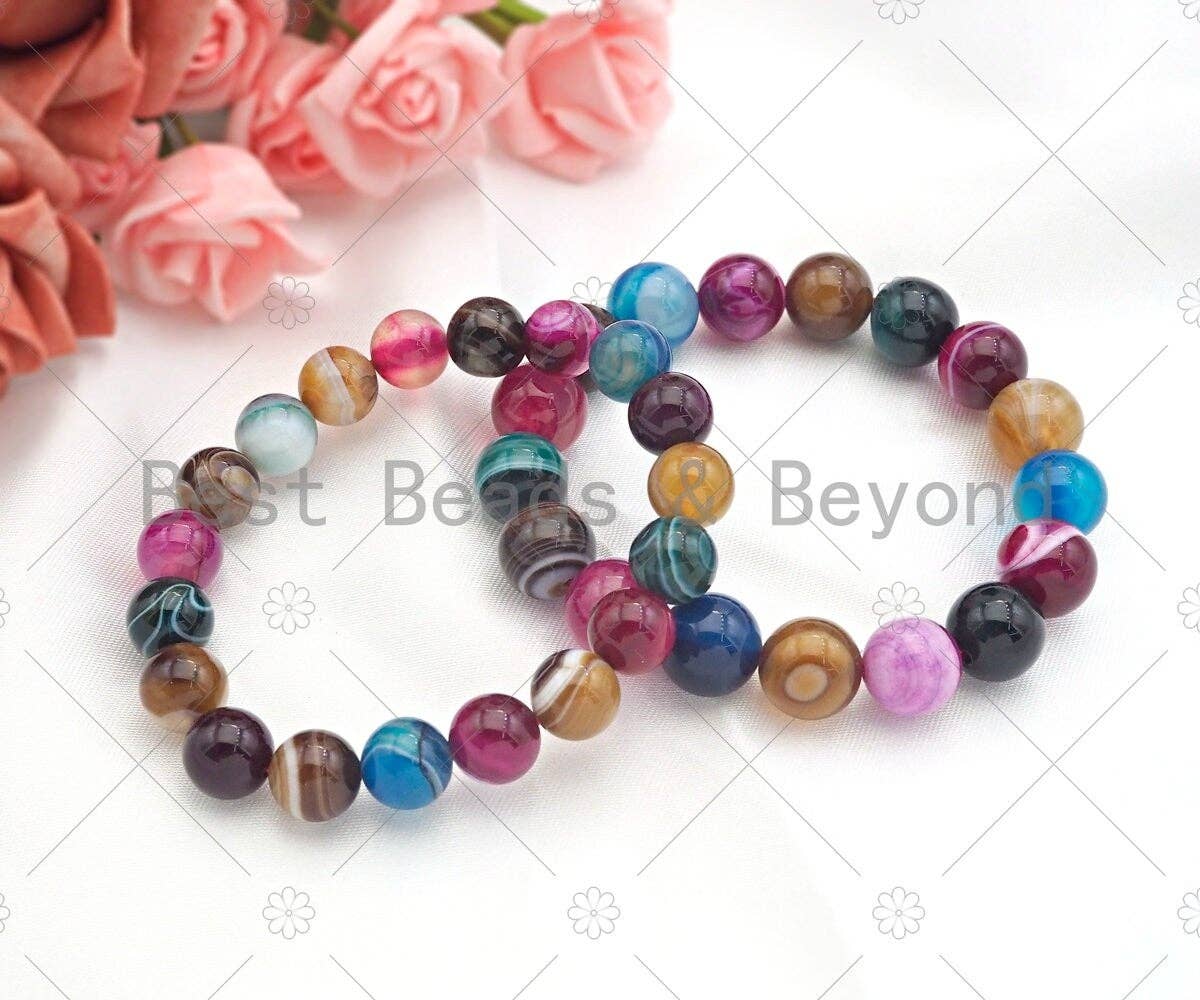 High Quality Natural Colorful Banded Agate Stretchy Bracelet, 8mm/10mm/12mm Elastic Fit Round Smooth Bracelet, 7.5'' Bracelet, Sku#EF11