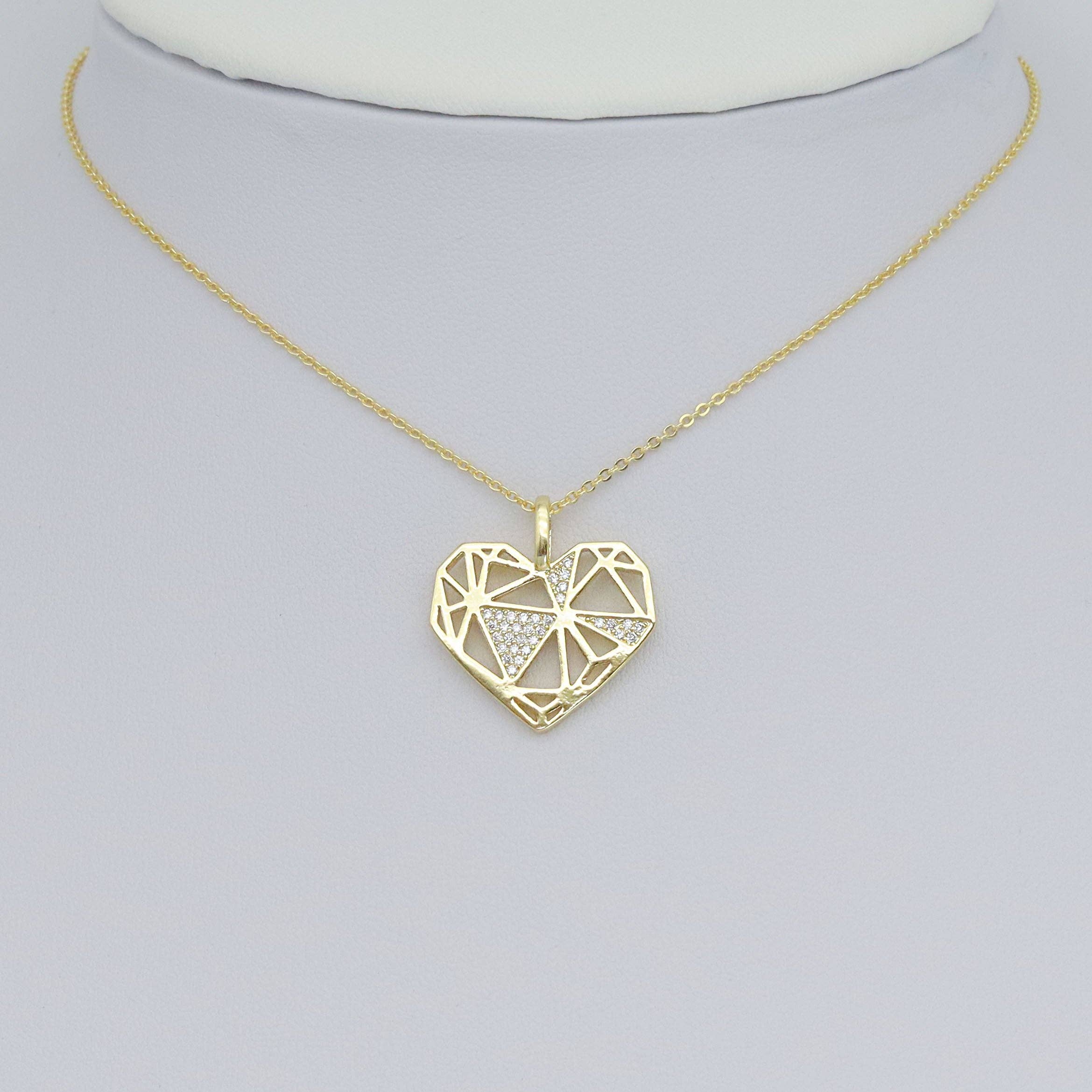 Gold Clear CZ Geometric Diamond Heart Shape Charm Pendant, Sku#LK983