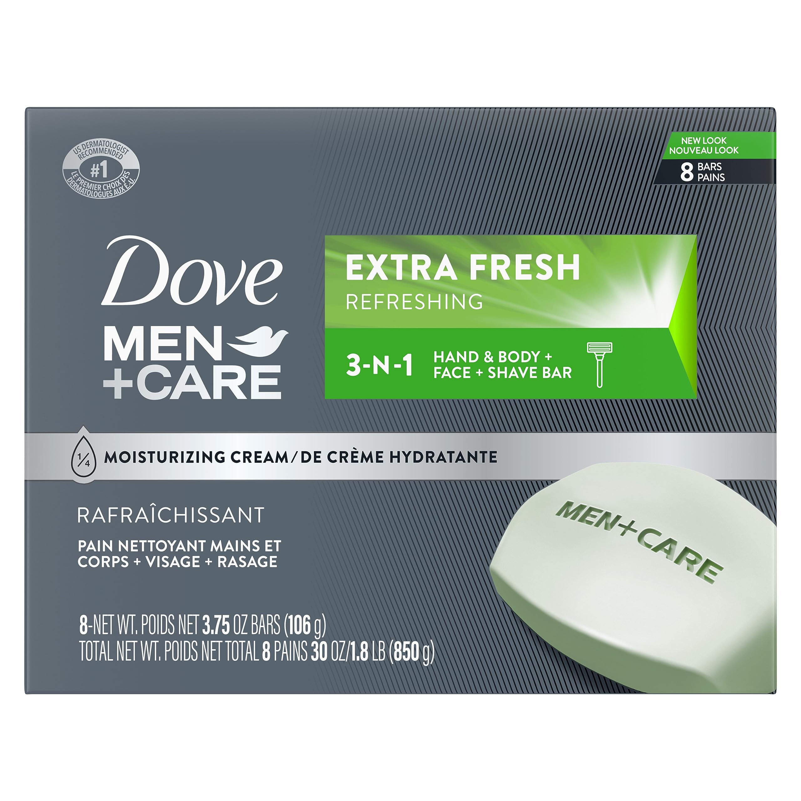 DOVE MEN + CARE Pain Nettoyant 3 en 1 Corps, Visage et Rasage Extra Frais Plus Hydratant Que le Savon pour Nettoyer et Hydrater la Peau 106 g (Lot de 8)